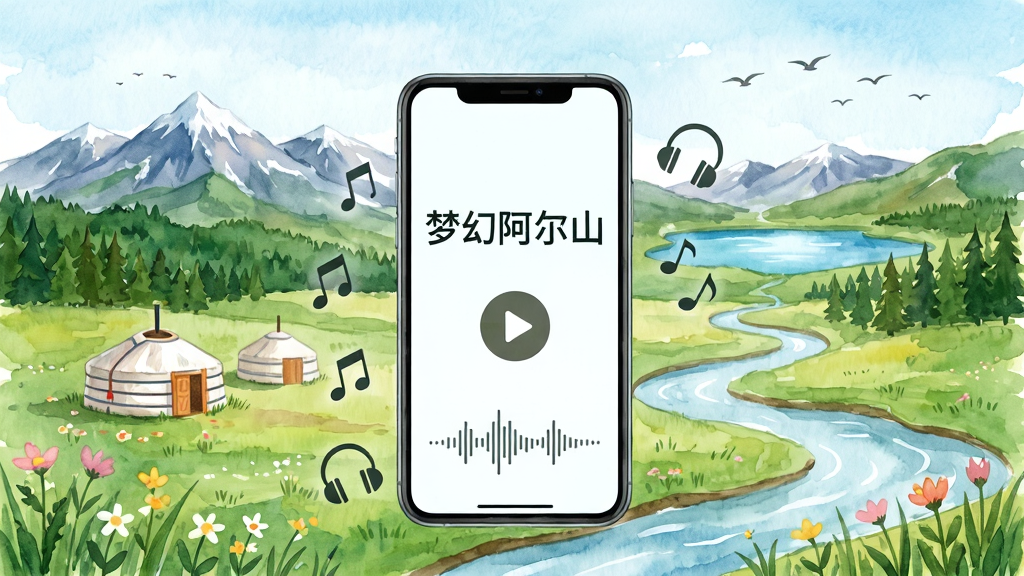 一幅展现内蒙古阿尔山四季风光的插画,画面主体为辽阔的草原与连绵的森林,远处是雪山与天池,近处有蒙古包与蜿蜒的河流。画面中央放置一部智能手机,手机屏幕上显示“梦幻阿尔山”文字与播放按钮界面,周围环绕着音符与耳机图标。排版采用横向构图,风格为清新水彩手绘,细节包括草地上的野花、天空中的飞鸟、手机界面的音频波形。画质高清,干净明亮,无多余元素。
