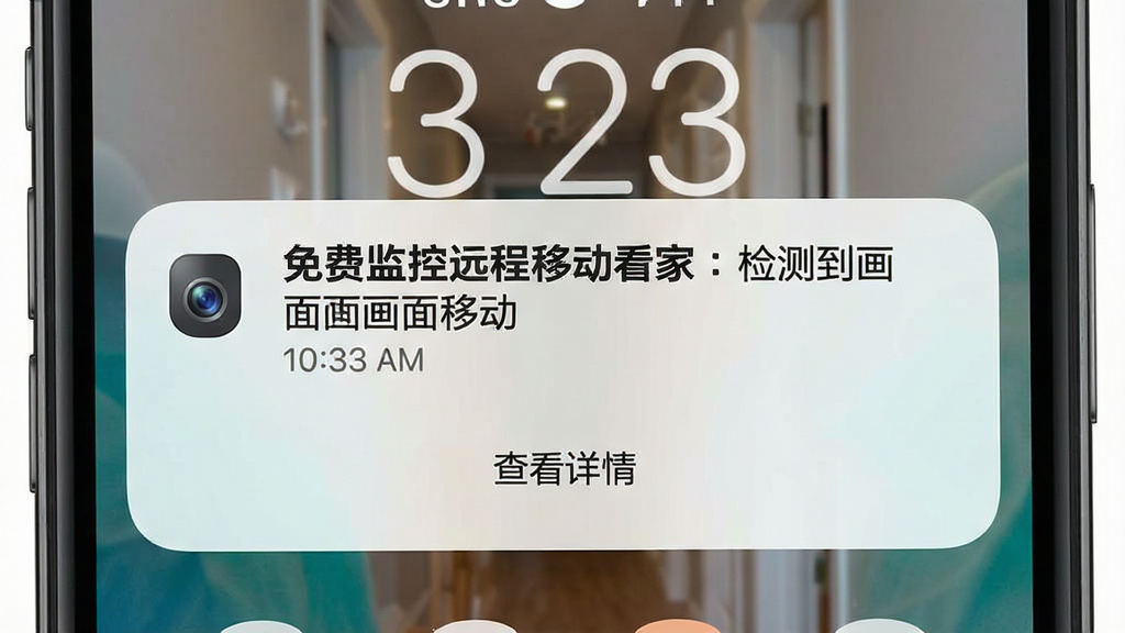 一张展示手机锁屏界面弹出告警通知的图片,通知内容显示“免费监控远程移动看家:检测到画面移动”,背景为家庭走廊场景,风格为写实UI展示,布局为手机特写,细节包括通知卡片上有摄像头图标、时间戳、以及“查看详情”按钮,画质清晰,干净无多余元素