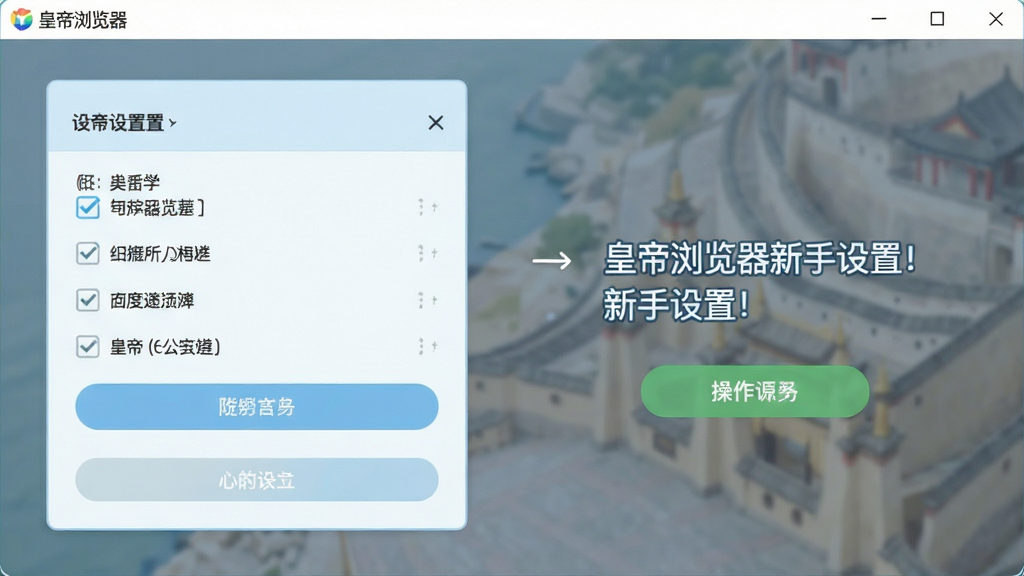 皇帝浏览器新手设置界面,画面主体为设置面板与操作指引,布局为左右分栏,风格为清新浅色,细节包括勾选项与按钮,画质清晰,干净无多余元素