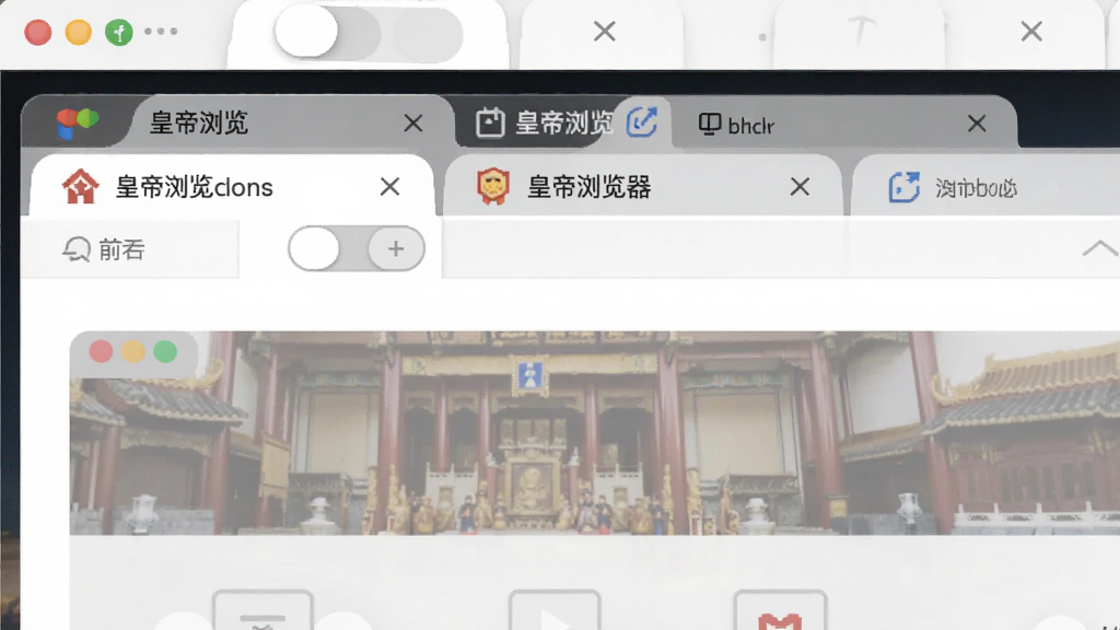 皇帝浏览器多标签管理界面,画面主体是多个网页标签排列在顶部,布局为横向排列,风格为现代简约,细节包括标签图标与切换按钮,画质清晰,干净整洁