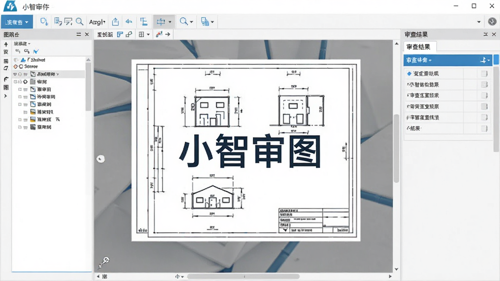 一张展示小智审图软件界面的图片,画面中央是打开的工程图纸,左侧为图层列表,右侧为审查结果面板,整体风格简洁专业,色调以蓝白灰为主,画质清晰,无多余元素,图片中可包含文字“小智审图”