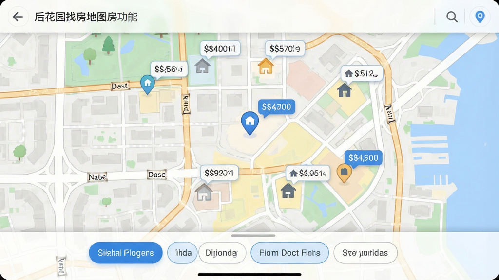 一张后花园找房地图找房功能的界面截图风格图片,画面中央是一张城市地图,地图上散布着多个房屋标记点,每个标记点旁边有小气泡显示价格,地图下方有筛选按钮,布局以上下结构为主,风格为现代科技感地图界面,细节包括道路线条、区域色块和定位图标,画质高清干净无多余元素,背景为浅色地图底图