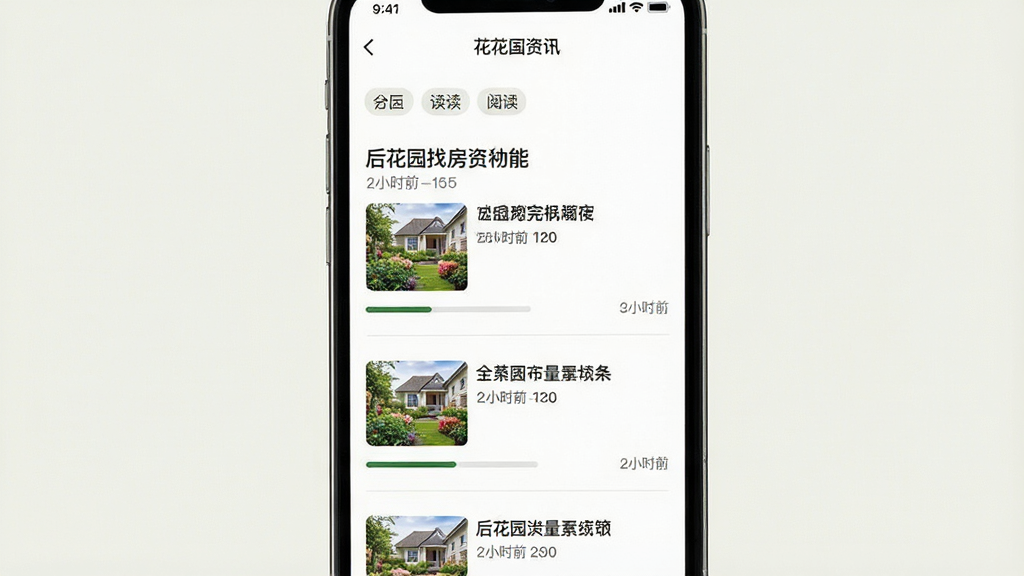 一张展示后花园找房资讯功能的图片,画面主体为手机屏幕上的资讯列表页面,每条资讯包含标题、缩略图和发布时间,布局为纵向列表排列,风格为清新阅读类应用界面,细节包括分类标签和阅读进度条,画质高清干净无多余元素,背景为浅色