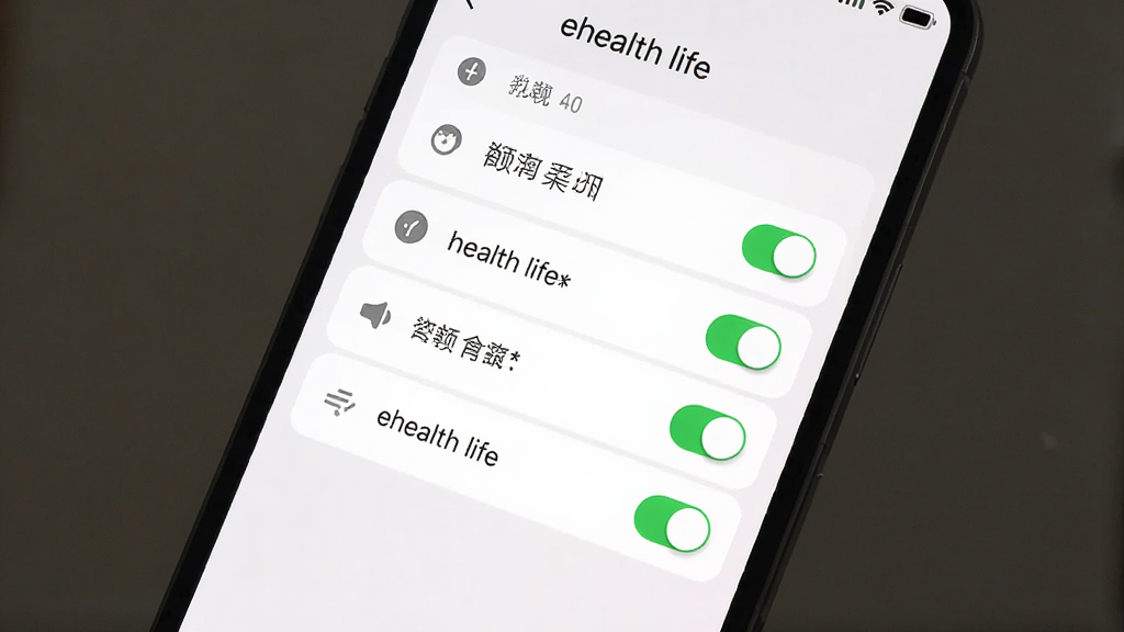 主体是手机屏幕展示ehealth life权限设置界面,布局为屏幕中央显示权限开关列表,排版为纵向排列的权限项,风格为简洁设置风,细节包括绿色开关按钮、灰色图标、白色背景、圆角列表,画质为高清、干净、无多余元素,屏幕中显示文字“ehealth life”