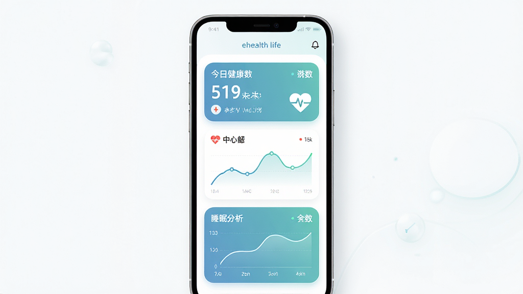 主体是一个智能手机界面展示健康管理应用,布局为手机屏幕居中显示,屏幕内呈现步数统计、心率曲线和睡眠分析图表,排版为上下结构上方显示今日健康数据下方为趋势图,风格为现代简约科技风,细节包括柔和的蓝绿色调、干净的白色背景、圆角卡片式设计,画质为高清4K、干净、无多余元素,屏幕中显示文字“ehealth life”
