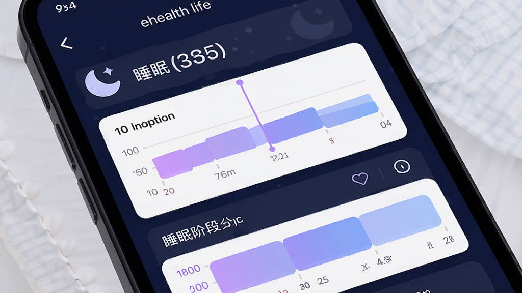 主体是手机屏幕展示睡眠分析报告页面,布局为屏幕中央显示睡眠时间轴和深浅睡眠比例图,排版为上方睡眠时长下方睡眠阶段分布,风格为夜间深色模式,细节包括深蓝色背景、柔和的紫色和蓝色色块、简洁的月亮图标,画质为高清、干净、无多余元素,屏幕中显示文字“ehealth life”