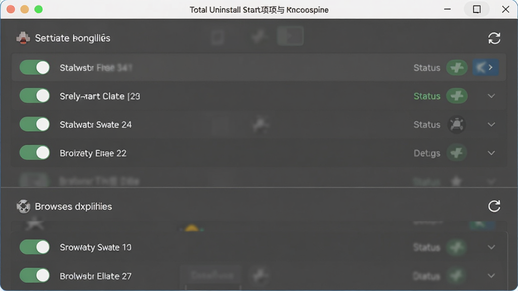 Total Uninstall ����������������������壬����Ϊ��������ҳ������Ϊ���·������Ϸ�Ϊ�������б����·�Ϊ�������չ�б����Ű����������Ϊ���򹤾߷磬ϸ�ڰ������ذ�ť��״̬��ǩ��ˢ��ͼ�꣬����Ϊ���塢�ɾ����޶���Ԫ��