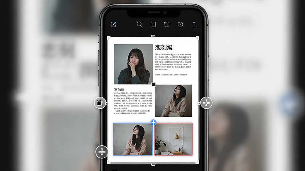 展示恋刻软件智能图文混排功能的界面截图,主体为手机屏幕中央显示正在编辑的杂志页面,页面上照片与文字自动排版整齐,布局为上下结构,上方为功能操作栏,下方为编辑预览区,风格为现代扁平化设计,细节包括拖拽调整的指示图标与实时预览的高亮边框,画质清晰,无多余元素