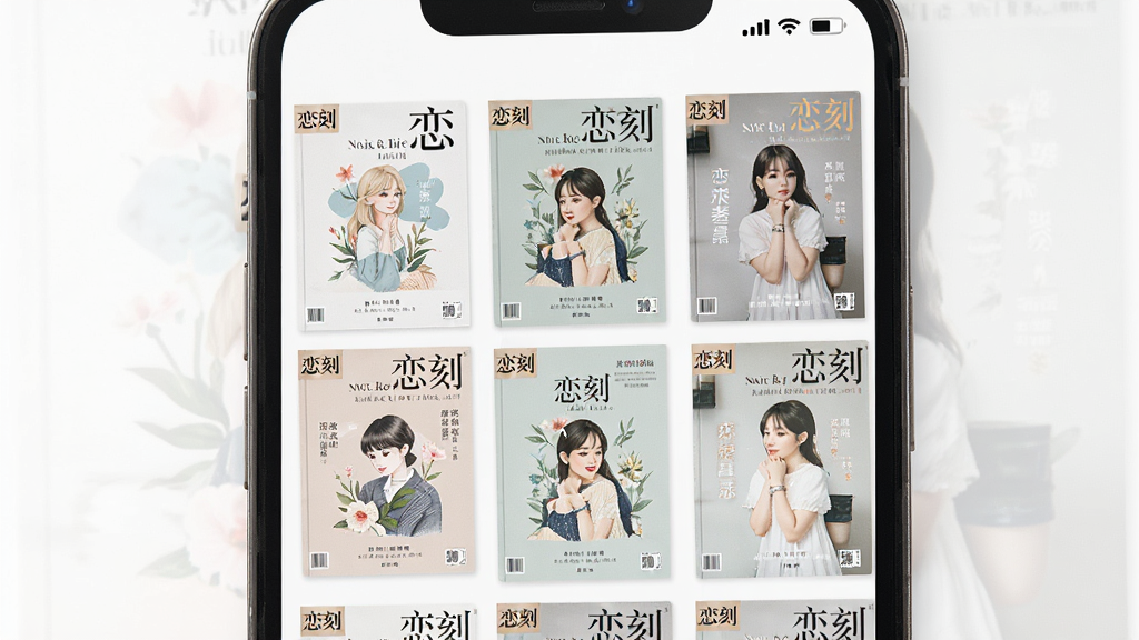 手机屏幕中展示恋刻软件的模板选择界面,画面主体为多本不同风格的电子杂志封面整齐排列,布局采用网格状展示,每本杂志封面标注