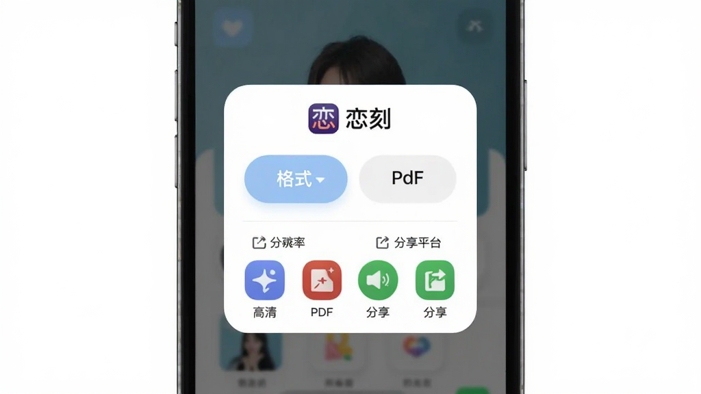 展示恋刻软件导出与分享功能的界面,主体为手机屏幕显示导出设置弹窗,弹窗中标注