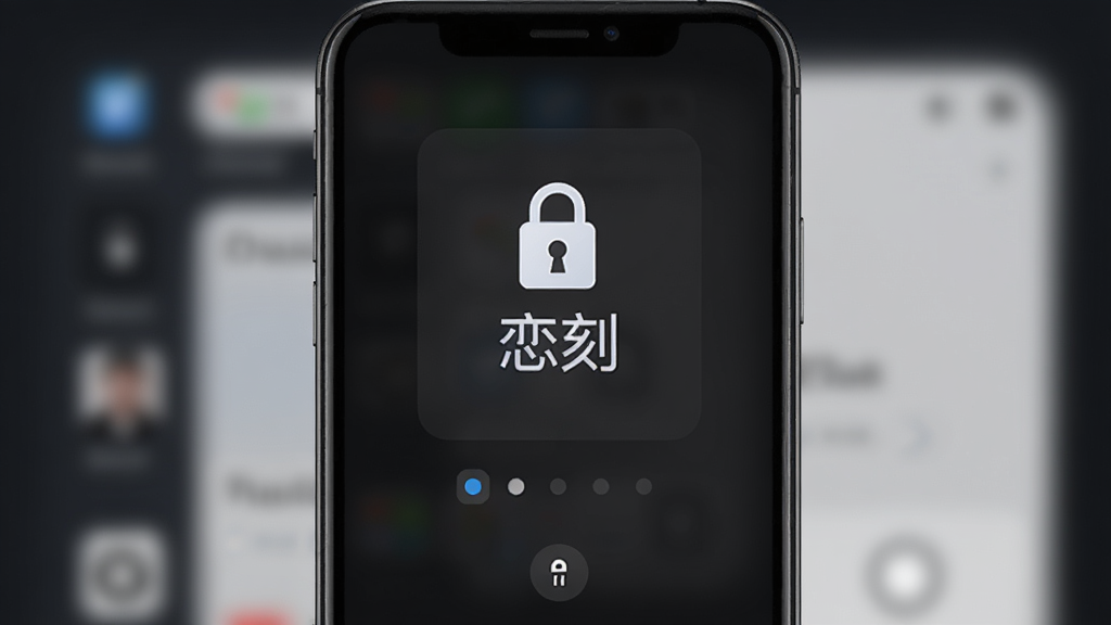 展示恋刻软件隐私保护功能的界面,主体为手机屏幕显示密码锁屏界面,屏幕中央有锁形图标与