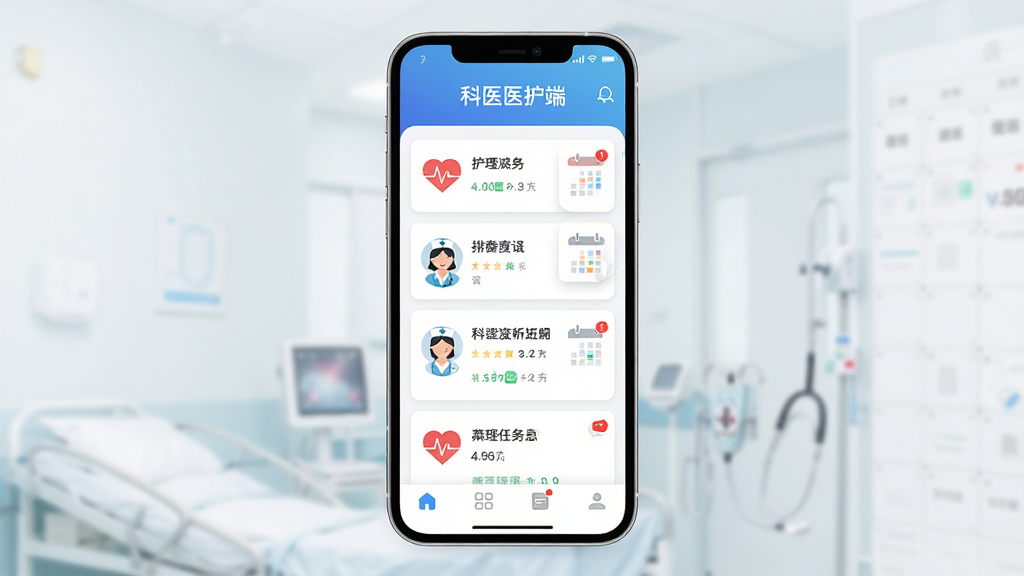 科医医护端 手机应用界面展示,主体为一部竖屏智能手机,屏幕中央显示医疗护理任务列表与排班日历,布局为上下结构,上方是蓝色渐变标题栏,中部是卡片式任务条目,下方是底部导航栏,排版整齐留白充足,风格为现代医疗科技风,细节包含心率图标、护士头像、日历标记与消息红点,画质清晰干净无多余元素