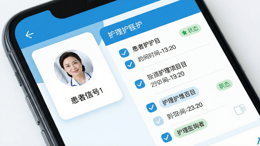 科医医护端 功能界面,主体为手机屏幕特写,屏幕中显示患者信息卡片与护理任务勾选列表,布局为左右分栏,左侧是患者头像与床号,右侧是护理项目与时间戳,风格为清爽医疗蓝白配色,细节包含勾选图标、时间标签与状态徽章,画质清晰干净无多余元素