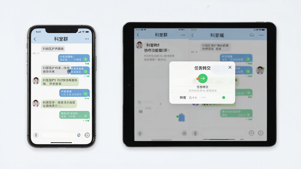 科医医护端 协作功能展示,主体为手机与平板电脑并排摆放,屏幕中显示科室群聊界面与任务转交弹窗,布局为居中对称,风格为简约商务医疗风,细节包含消息气泡、转交箭头图标与在线状态圆点,画质清晰干净无多余元素