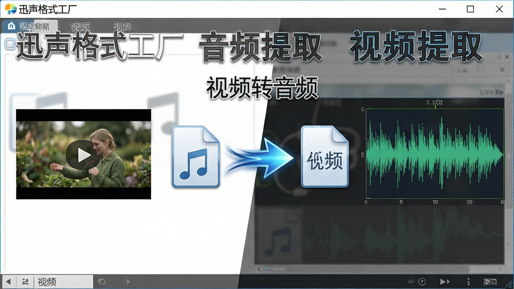一张展示迅声格式工厂音频提取功能的图片。画面主体为软件操作界面,界面中一个视频文件图标通过箭头指向一个音频文件图标,表示从视频中提取音频的过程。布局采用左右对比构图,左侧为视频文件缩略图,右侧为音频波形图。风格为写实科技风,细节包括视频缩略图的画面内容、音频波形的起伏线条、提取箭头的动态感。画质要求高清、干净、无多余元素,画面中文字标注“迅声格式工厂”“音频提取”“视频转音频”。