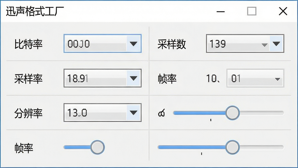 一张展示迅声格式工厂参数设置功能的图片。画面主体为软件设置面板,面板中包含比特率、采样率、声道数、分辨率、帧率等参数选项,每个选项旁有下拉菜单或滑块。布局采用网格状排列,参数项整齐分布。风格为简洁商务风,细节包括下拉菜单的箭头图标、滑块的圆形按钮、参数数值的文字显示。画质要求高清、干净、无多余元素,画面中文字标注“迅声格式工厂”“比特率”“采样率”“分辨率”“帧率”。