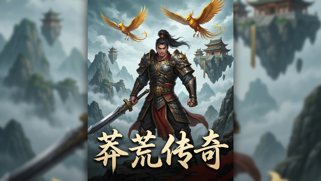 画面中央是一位身穿玄铁战甲、手持长刀的东方玄幻战士,背后是云雾缭绕的洪荒山脉与悬浮的古老宗门建筑,天空中有金色神鸟飞过,画面下方以苍劲书法字体写着“莽荒传奇”四个大字,整体布局采用竖版手游宣传海报风格,色调以青灰、暗金与赤红为主,细节刻画战甲纹理、山石质感与神鸟羽翼,画质清晰锐利,干净整洁,无多余元素