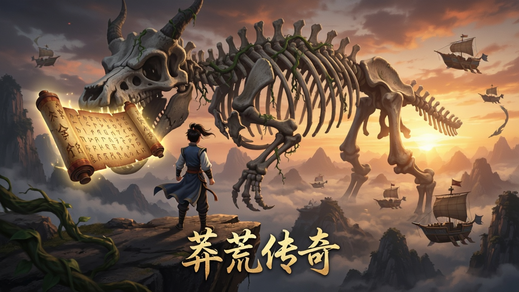 一位少年修士站在悬崖边眺望远方的巨型神兽骨架,身旁漂浮着发光的古老卷轴,背景是燃烧的晚霞与连绵的洪荒群山,画面中下方以金色字体写着“莽荒传奇”,采用竖版构图,风格为东方玄幻CG插画,细节表现卷轴上的符文、神兽骨架上缠绕的藤蔓与远处飞行的仙舟,画质高清,干净无杂物