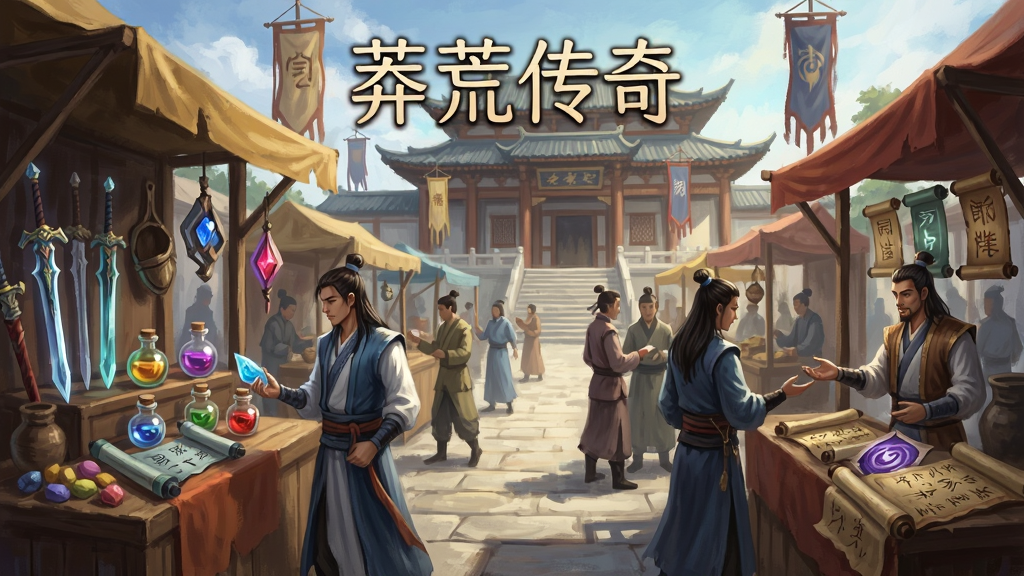 画面展示一个热闹的古代集市交易场景,多名修士在摊位前挑选装备与材料,摊位上有发光的武器、丹药瓶与技能卷轴,背景是宏伟的宗门大殿与飘扬的旗帜,画面中央上方以篆体字写着“莽荒传奇”,采用横版布局,风格为半写实国风插画,细节刻画人物服饰、摊位货物与光影效果,画质细腻,干净整洁