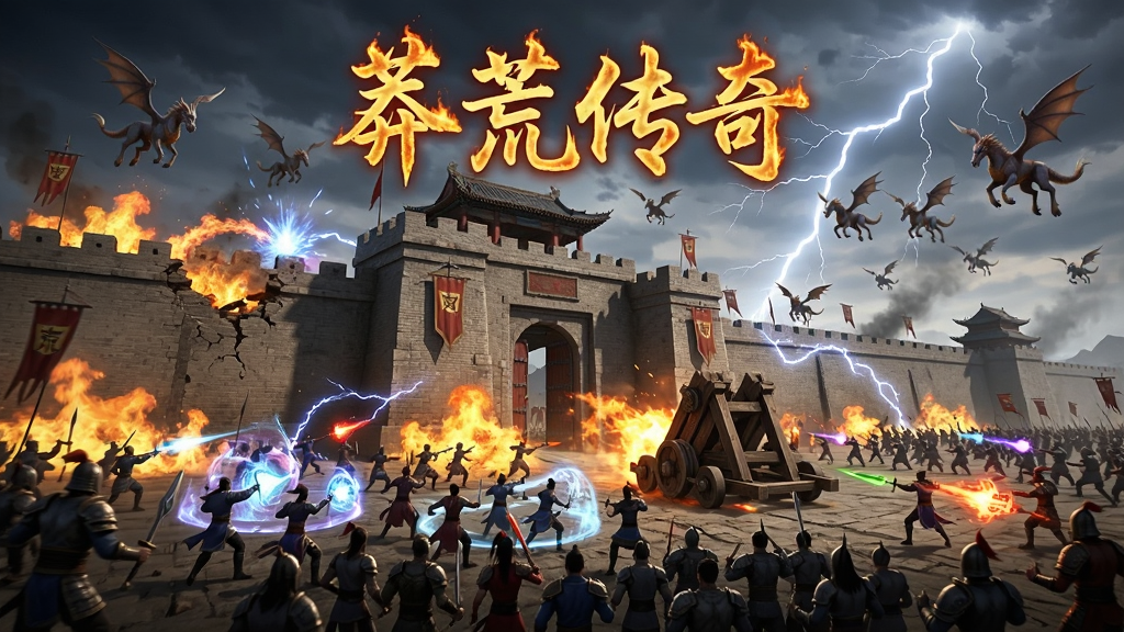 大规模攻城战场面,城墙上下数百名玩家释放技能,火焰与雷电交织,画面中央是巨大的城门与冲车,远处有飞行坐骑盘旋,天空中以火焰字体写着“莽荒传奇”,采用横版全景构图,风格为史诗战争CG,细节表现技能特效、人物动作与建筑破损,画质震撼,干净无杂乱元素