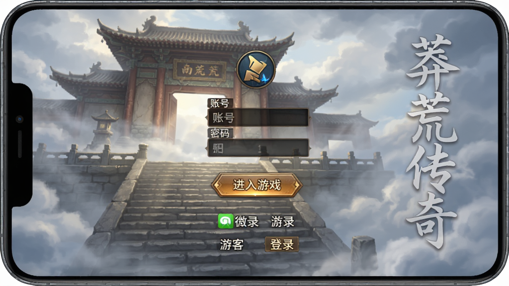 手机屏幕显示莽荒传奇游戏登录界面,背景是云雾中的南天门与石阶,界面中央有账号密码输入框与“进入游戏”按钮,下方有微信登录与游客登录选项,画面右侧以半透明字体标注“莽荒传奇”,采用竖版手机截图风格,细节表现界面UI图标、背景云层与光线,画质清晰,干净无杂乱元素