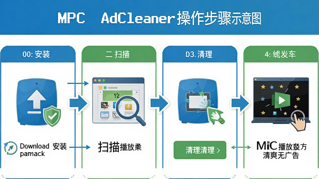 MPC AdCleaner��������ʾ��ͼ�������Ϊ�ĸ����裬�������������С���һ����ʾ���ذ�װ�����ڶ�����ʾɨ�貥����Ŀ¼����������ʾ���������ť�����Ĳ���ʾ��������ˬ�޹�档����Ϊ��������ͼ�����Ϊ���Ĳ���˵��ͼ��ʹ����ɫ����ɫΪ��ɫ����ϸ�ڰ���ÿһ����ͼ��ͼ������˵���������������ɾ����޶���Ԫ�ء�