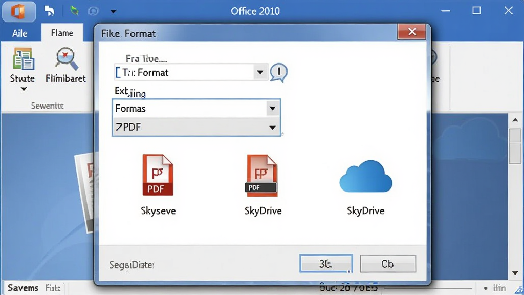 一张展示 Office 2010 个人版 文件保存与云存储选项的图片,主体为软件另存为对话框,布局为窗口居中,排版包含文件格式下拉菜单和云存储图标,风格为简洁软件界面风,细节包括 PDF 选项和 SkyDrive 标志,画质清晰,干净,无多余元素。