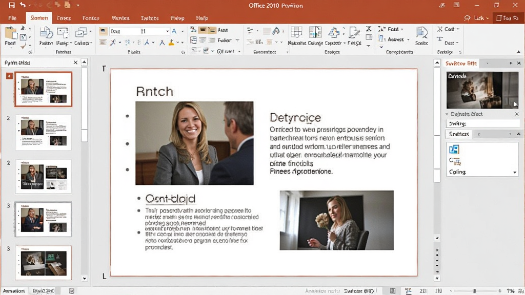 一张展示 Office 2010 个人版 PowerPoint 演示文稿编辑界面的图片,主体为幻灯片编辑窗口,布局包含左侧缩略图列表和右侧编辑区,排版呈现图文混排的幻灯片,风格为商务演示风,细节包括动画窗格和切换效果选项卡,画质清晰,干净,无多余元素。