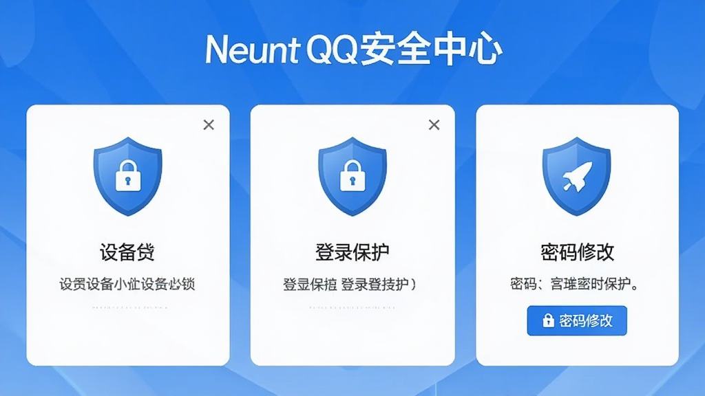 一张展示腾讯QQ安全中心设置页面的图片,画面中有设备锁、登录保护、密码修改等安全选项排列整齐,采用盾牌图标和蓝色安全色调,布局简洁明了细节清晰,画质高清干净无多余元素