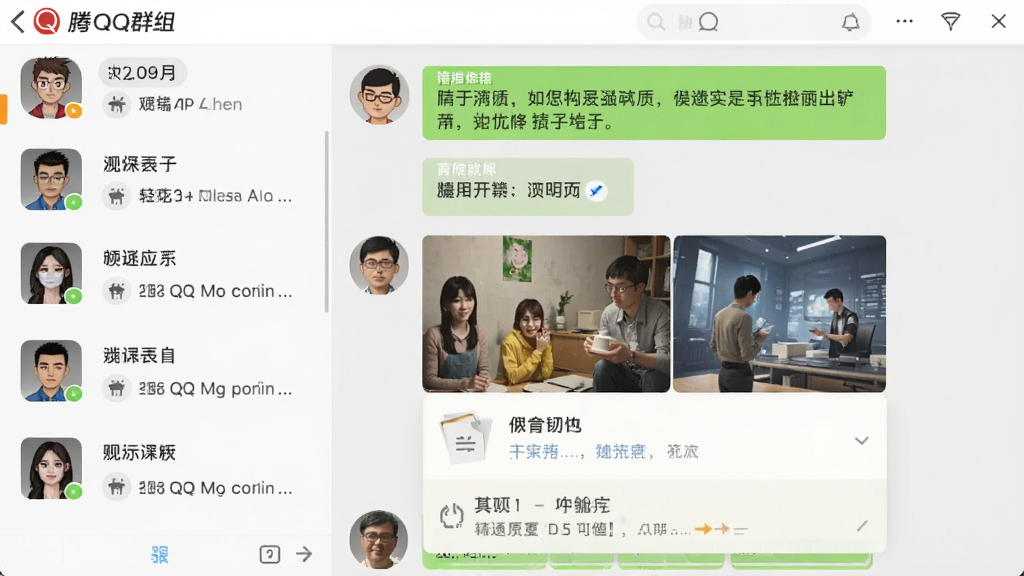 一张展示腾讯QQ群组聊天界面的图片,画面中有多个群成员头像排列在左侧,右侧是聊天消息区域,包含文字、图片和文件传输卡片,整体采用清爽的浅色主题风格,排版整齐细节丰富,画质清晰干净无多余元素