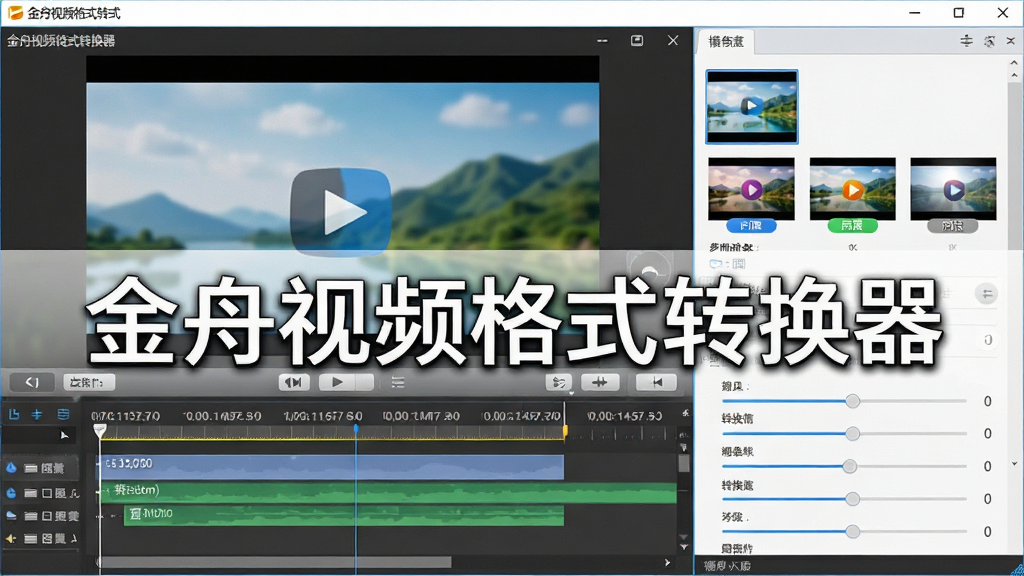 一张展示金舟视频格式转换器视频编辑功能的图片,主体为软件编辑界面,布局为左侧预览窗口、右侧参数调节面板,排版为上下结构,风格为明亮清爽风格,细节包括时间轴、滤镜缩略图、调节滑块,画面中显示文字