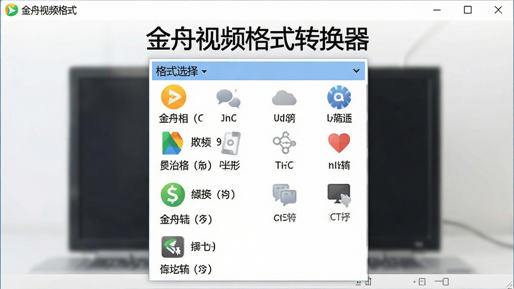一张展示金舟视频格式转换器格式支持列表的图片,主体为软件格式选择下拉菜单,布局为居中展示,排版为纵向列表,风格为清爽扁平化设计,细节包括各种格式图标和名称文字,画面中显示文字
