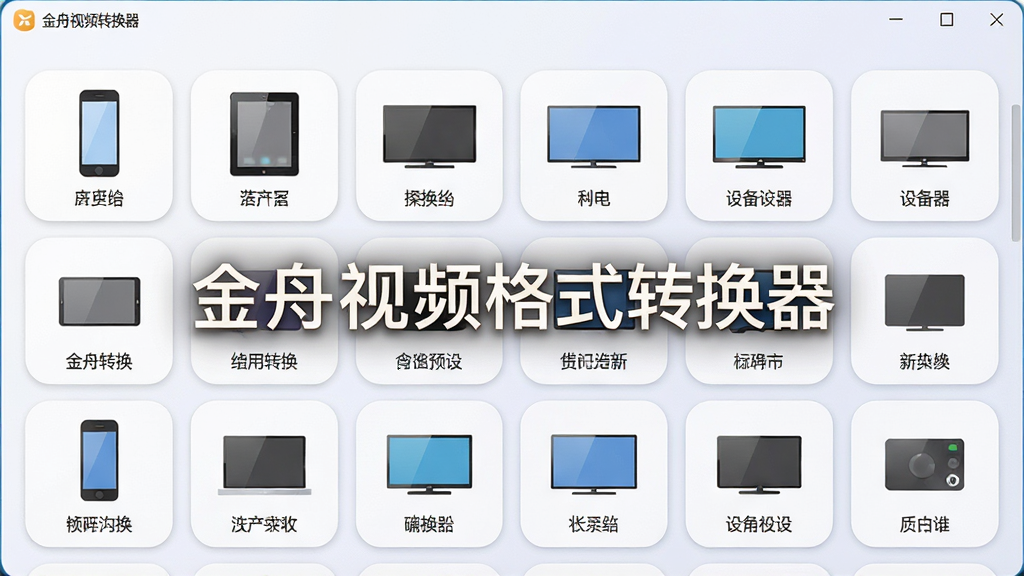一张展示金舟视频格式转换器批量转换与设备预设的图片,主体为软件设备选择界面,布局为网格状设备图标排列,排版为分类展示,风格为柔和圆角设计,细节包括手机、平板、电视等设备图标和名称,画面中显示文字