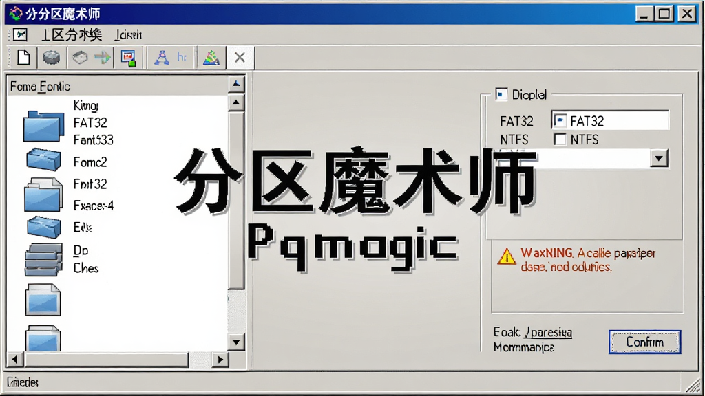 一张分区魔术师(Pqmagic)功能展示图,画面中央为软件窗口,展示分区格式转换对话框,左侧是分区列表,右侧是格式选项FAT32与NTFS选择,主体突出软件名称分区魔术师(Pqmagic),布局对称,排版整齐,风格为经典软件界面,细节包括文件系统图标、确认按钮、警告提示文字,画质清晰,干净,无多余元素
