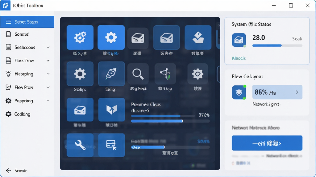 主体为IObit Toolbox软件界面全景,布局为中心化工具箱面板,左侧为功能分类导航栏,右侧为系统优化状态卡片与一键修复按钮,排版采用清晰的分区结构,风格为现代科技感与简洁商务风,细节包含蓝色高亮按钮、齿轮图标、磁盘清理进度条与网络检测指示灯,画质为高清2K,干净整洁,无多余元素,画面中不出现任何文字标识