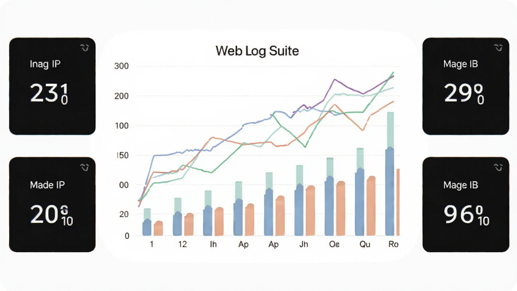 Web Log Suite 生成的统计报表预览图,画面中央是彩色折线图和柱状图组合,旁边有数字卡片显示独立IP和浏览量,背景为白色,图表线条流畅,配色柔和,整体风格简洁现代,画质高清,无多余装饰