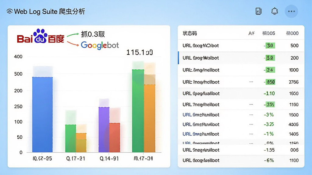 Web Log Suite 爬虫分析界面图,画面中显示百度蜘蛛和Googlebot的抓取频次对比图,旁边有URL列表和状态码,背景为浅蓝色渐变,图表色彩鲜明,整体风格偏向数据可视化,画质清晰,无杂乱元素