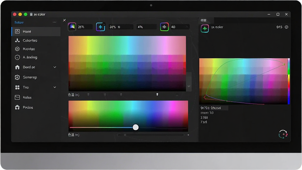 sx-color 软件主界面预览图,主体为电脑屏幕显示色彩校准软件界面,布局中央为色彩渐变测试条与色温调节滑块,排版左侧为功能菜单栏,右侧为实时预览窗口,风格简洁科技感,细节包含校准图标与参数显示,画质清晰干净无多余元素