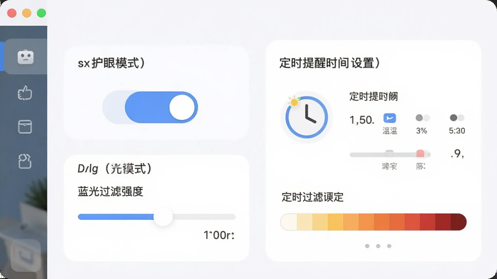 sx-color 护眼模式与定时提醒功能界面图,主体为软件设置面板,布局左侧为护眼模式开关与蓝光过滤强度滑块,排版右侧为定时提醒时间设置区域,风格清新柔和,细节包含时钟图标与色温预览条,画质清晰干净无多余元素