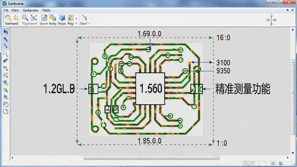 软件 Gerberview 界面中展示PCB线路图上的测量标注线,标注数值清晰可见,工具栏包含测量、缩放、平移等图标,背景为浅灰色工作区,标注文字