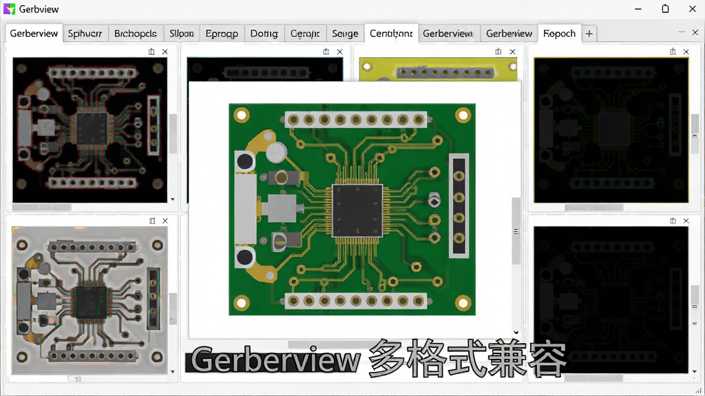 软件 Gerberview 正在解析多种格式的Gerber文件,画面展示多个文件标签页并排排列,每个标签对应不同的PCB图层,界面中央显示完整的电路板预览图,风格为现代扁平化设计,标注文字