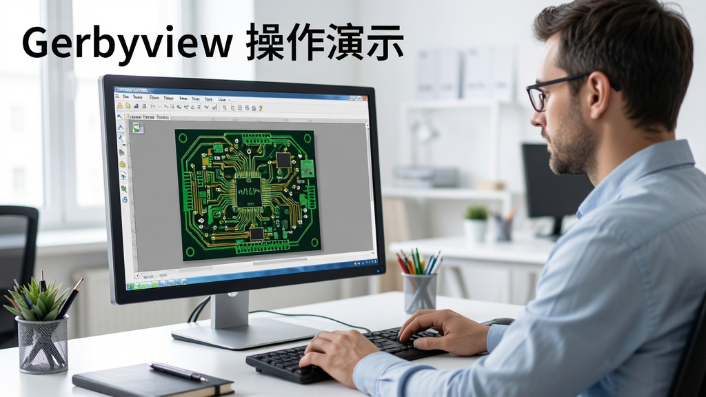 软件 Gerberview 使用场景展示,工程师在电脑前查看PCB电路板设计图,屏幕上显示Gerberview软件界面与多层线路预览,桌面整洁,环境为明亮办公室,标注文字