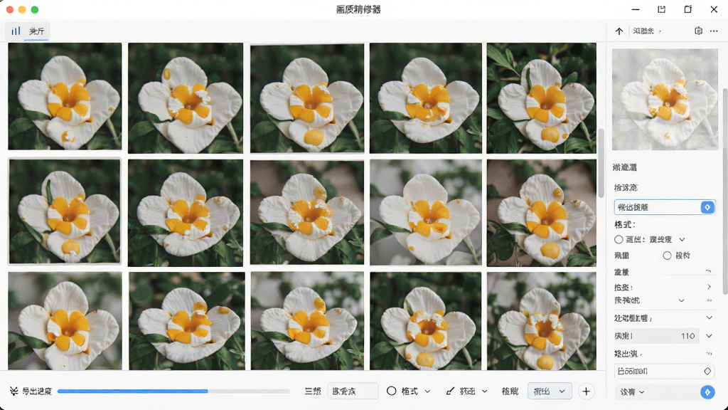 蛋花美照画质精修器批量处理功能展示,画面中软件界面内排列多张待处理照片缩略图,底部显示导出进度条与格式选项,布局为网格状排版,风格为现代办公风,细节包含批量选择与导出设置,画质高清,干净,无多余元素