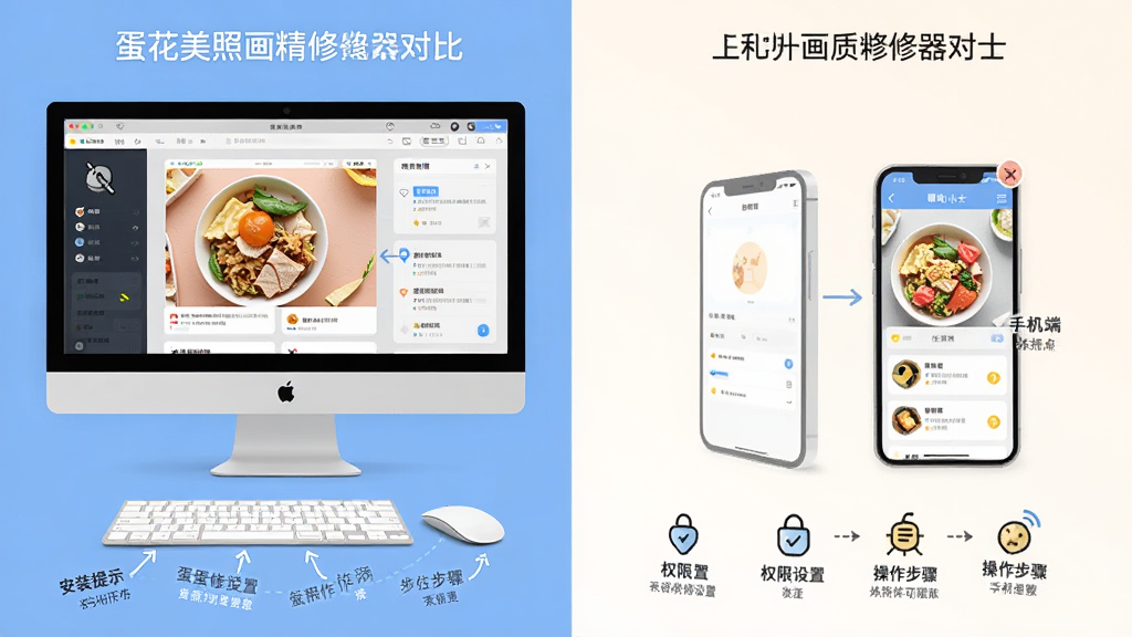 蛋花美照画质精修器使用小贴士示意图,画面中展示电脑端与手机端操作界面对比,布局为左右分栏排版,风格为扁平化信息图风,细节包含安装提示、权限设置与操作步骤图标,画质高清,干净,无多余元素