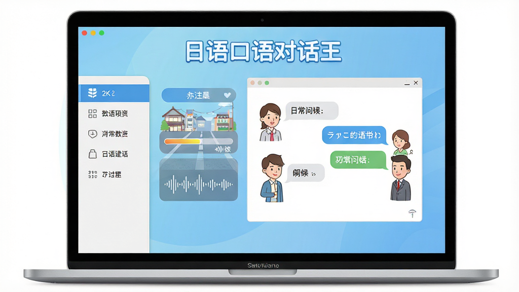 日语口语对话王软件主界面全貌展示,一台笔记本电脑屏幕中央显示软件启动页,页面标题为“日语口语对话王”字样,界面背景为浅蓝色渐变,左侧为功能导航栏,右侧为对话练习预览窗口,窗口内展示日常问候对话气泡,人物插画为卡通风格日本街景,整体布局清晰整洁,风格为现代教育软件界面设计,细节包括按钮图标、进度条、语音波形图,画质为高清2K,干净无多余元素