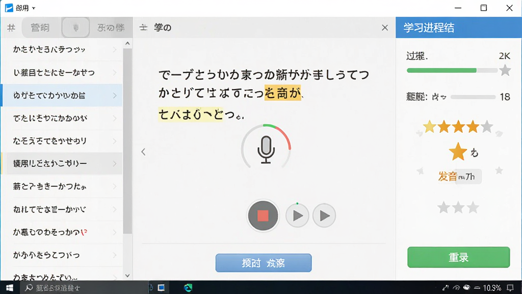 日语口语对话王软件在Windows电脑上的操作界面截图,展示用户正在跟读一句日语对话,屏幕中央有麦克风录音状态和实时评分,界面左侧为对话列表,右侧为学习进度统计,整体风格为现代桌面软件界面,细节包括高亮显示的发音错误单词、评分星级、重录按钮,画质为高清2K,干净无多余元素