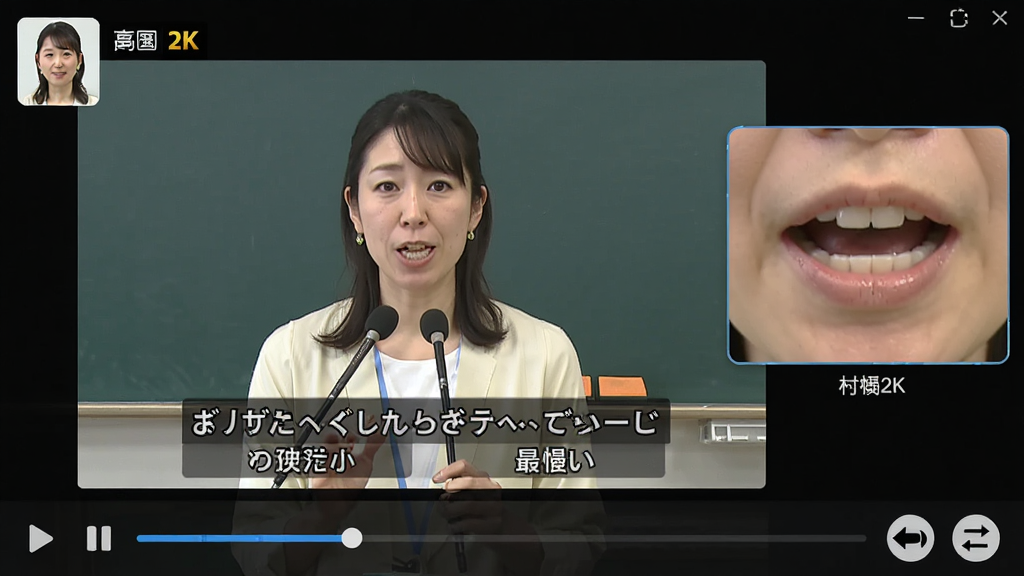 日语口语对话王软件视频对话演示界面,屏幕中央播放一位日本女性教师的视频画面,教师正在说日语,下方同步显示日语字幕和中文翻译,视频窗口右侧有口型特写放大框,底部有播放进度条和慢速、循环按钮,整体风格为在线课堂界面,细节包括教师头像、字幕背景色、视频清晰度标识,画质为高清2K,干净无多余元素