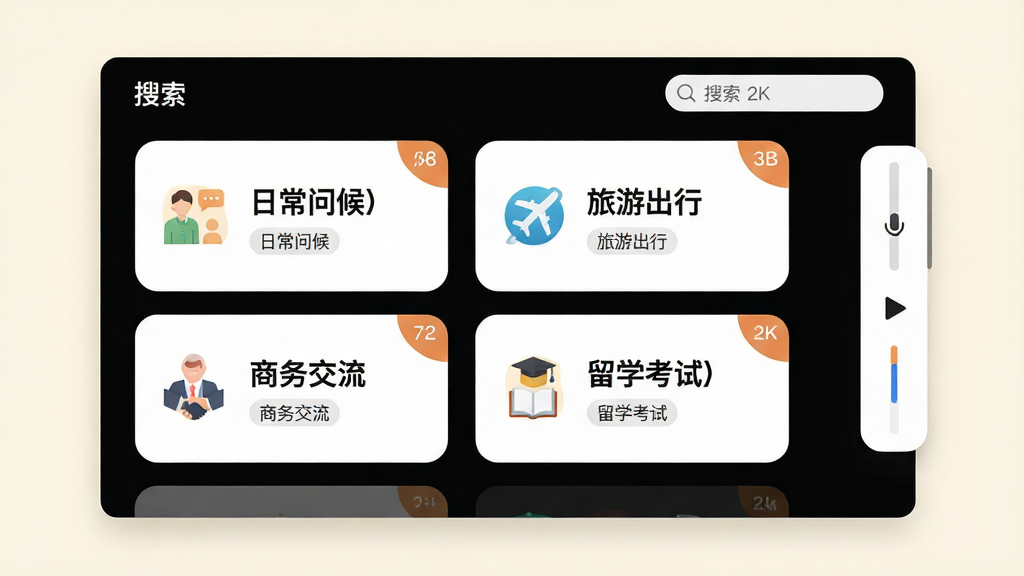 日语口语对话王软件内场景对话库界面,屏幕中央展示多个对话分类卡片,卡片上分别标注“日常问候”“旅游出行”“商务交流”“留学考试”等文字,背景为柔和米白色,卡片采用圆角设计并配有小图标,右侧浮动一个语音播放条,整体风格清新简约,细节包括分类标签、对话数量角标、搜索框,画质为高清2K,干净无多余元素
