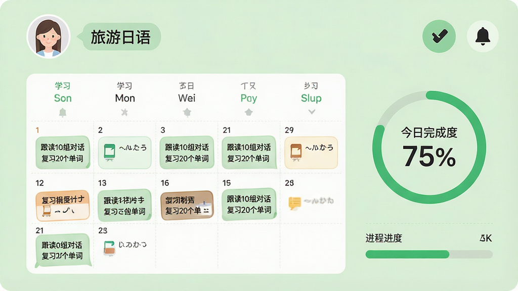 日语口语对话王软件个性化学习计划界面,屏幕中央展示一个日历式学习计划表,标注了每日任务如“跟读10组对话”“复习20个单词”,右侧有进度环显示“今日完成度75%”,背景为淡绿色,顶部有用户头像和学习目标标签“旅游日语”,整体风格为效率工具界面,细节包括打卡按钮、提醒铃铛图标、进度条,画质为高清2K,干净无多余元素