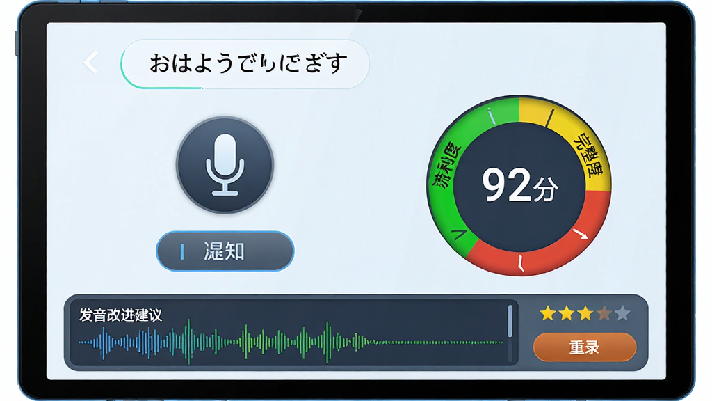 日语口语对话王软件语音评测界面,屏幕上方显示一句日语例句“おはようございます”,下方有一个麦克风图标和录音按钮,右侧显示评分环形图,分数为“92分”,环形图内用绿色、黄色、红色标注发音准确度、流利度、完整度,底部有发音改进建议文字框,整体风格为科技感教育界面,细节包括声波波形、评分星级、重录按钮,画质为高清2K,干净无多余元素